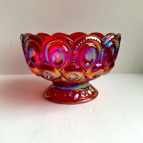 L E Smith Moon and Stars Iridescent Ruby Red Orange Carnival Glass Bowl 6” - Picture 7 of 9